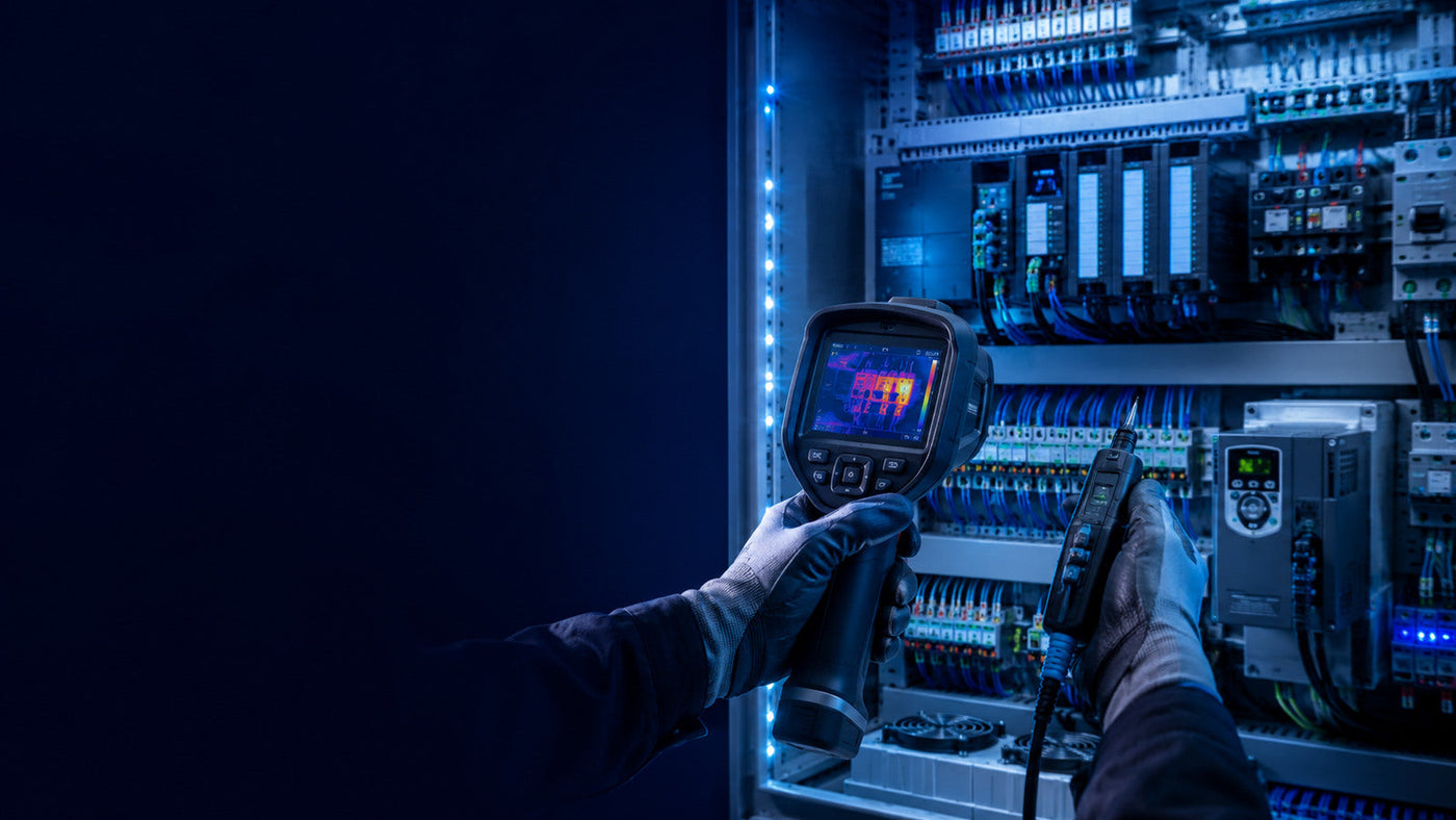 Technician performing thermal and electrical inspection of a control panel