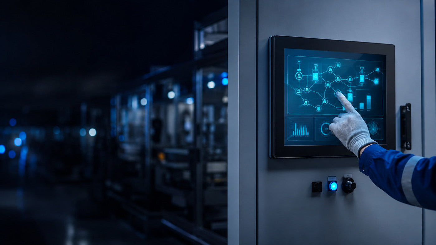 Operator using a modern industrial HMI touchscreen in an automated factory