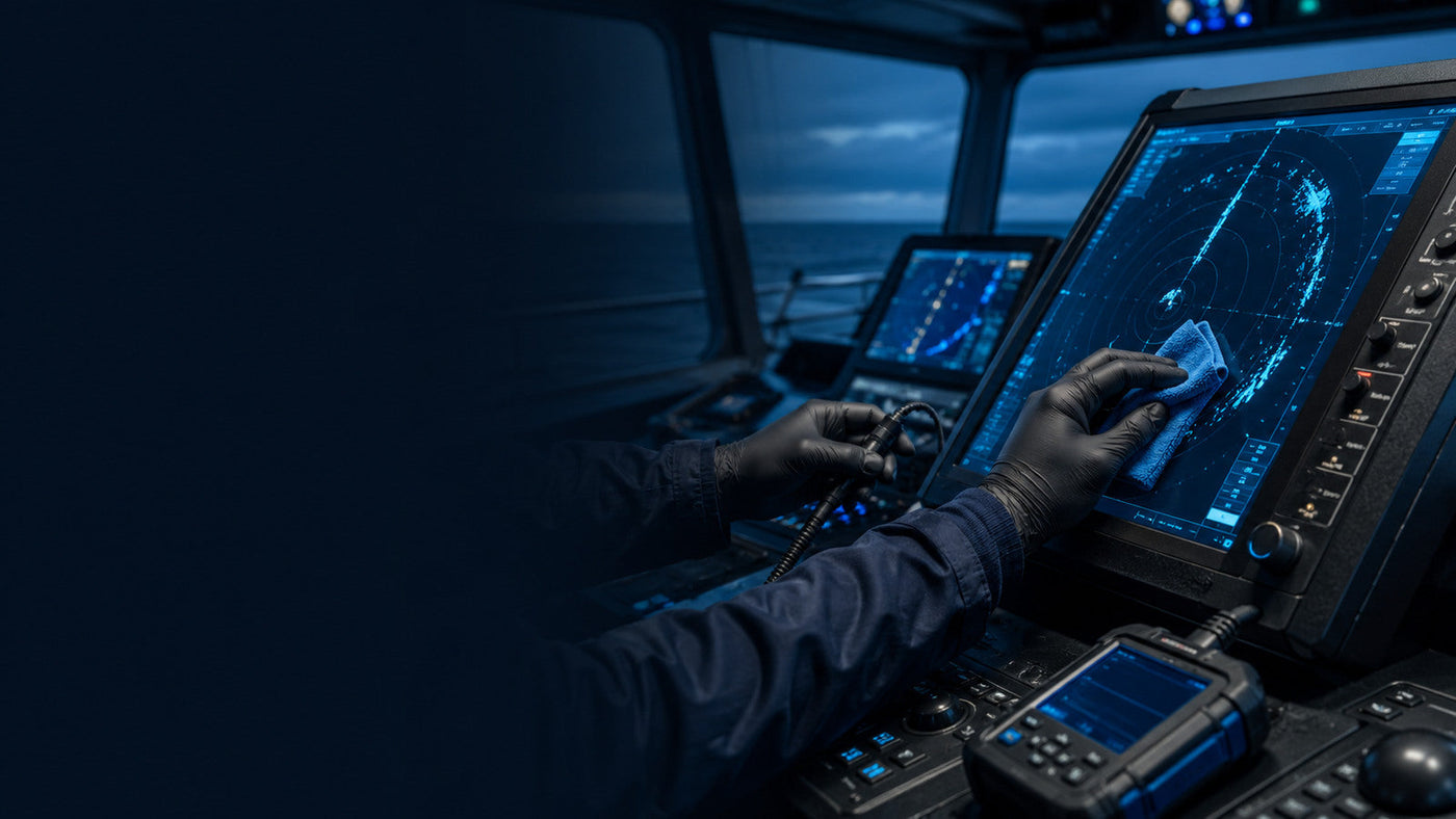 Technician maintaining marine radar and navigation electronics