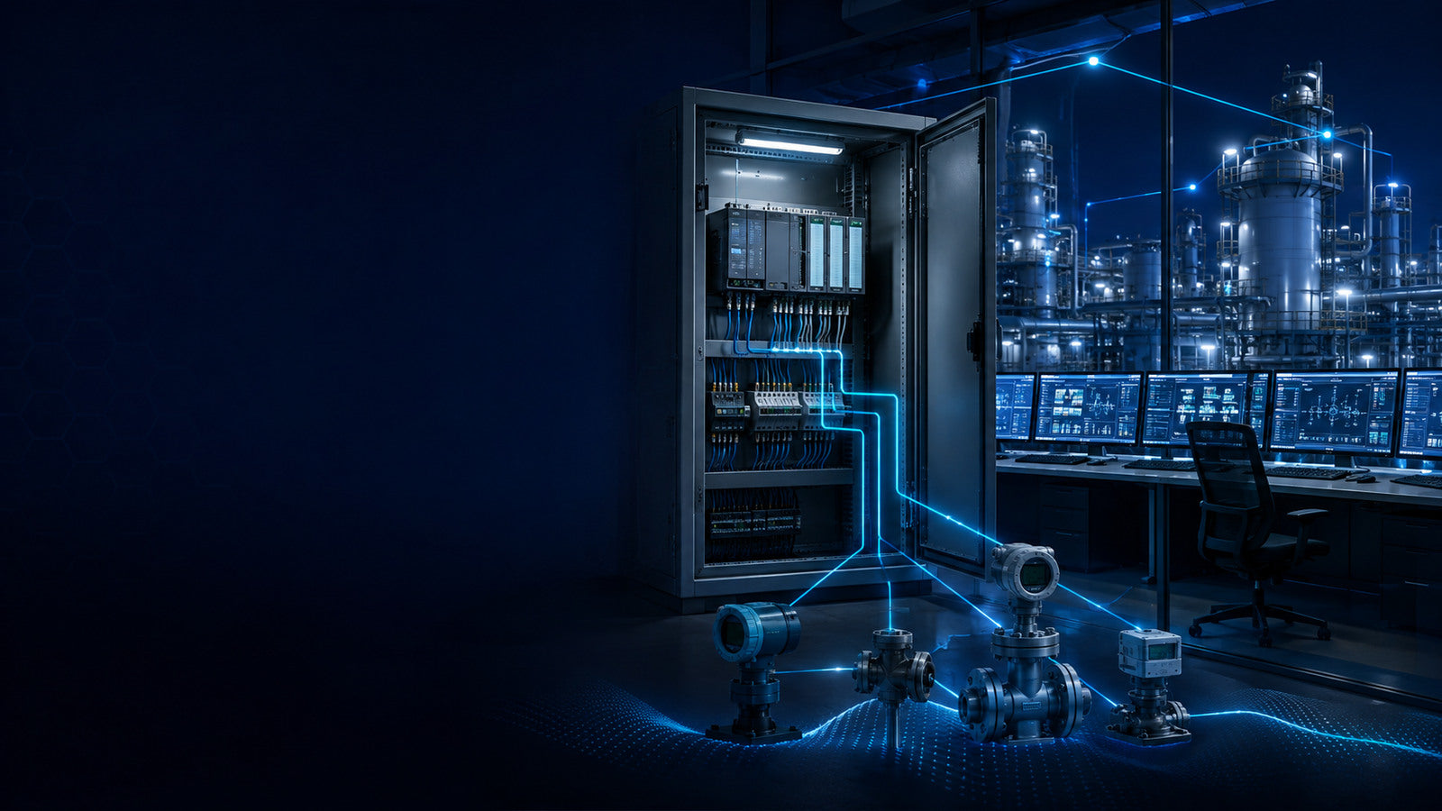 PLC cabinet and DCS process control room connected to field instruments