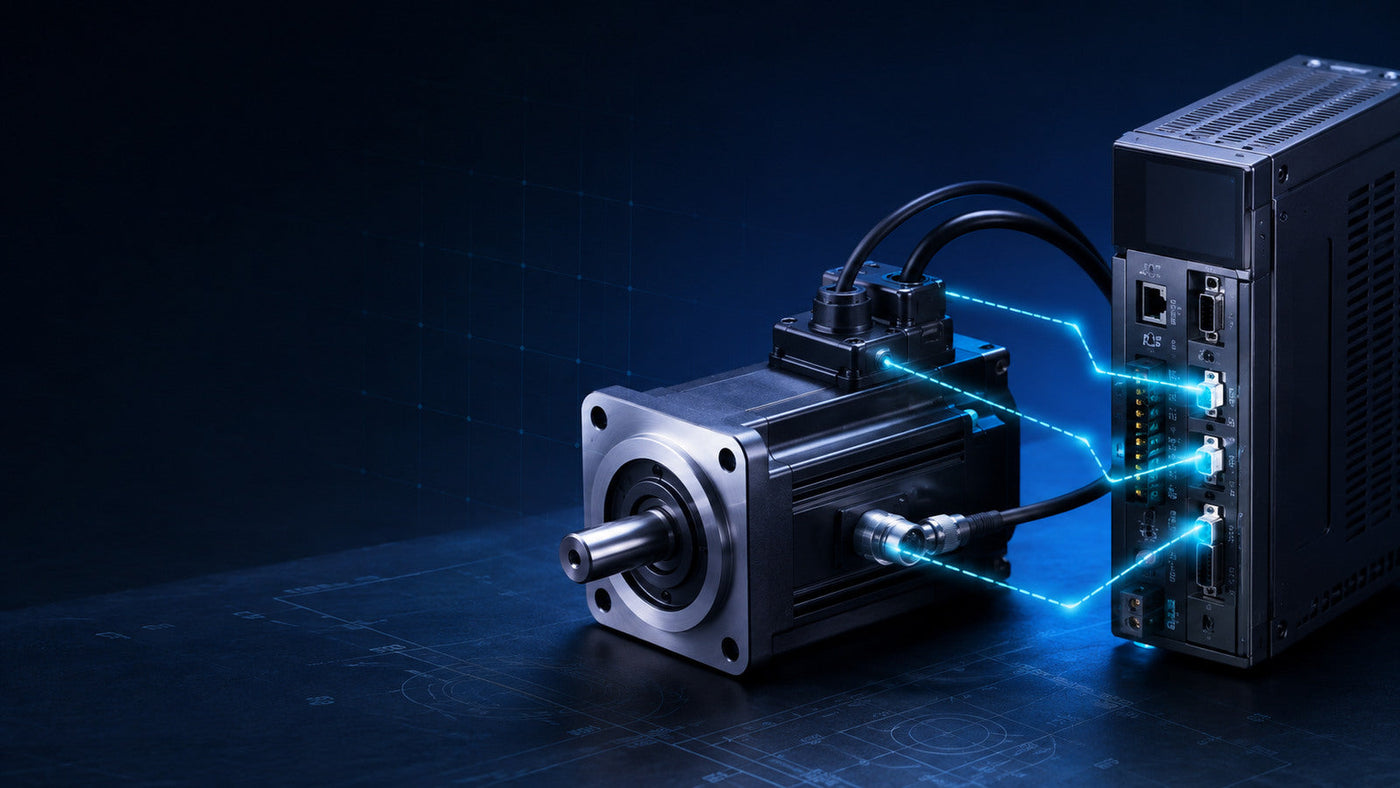 Compatible servo motor and drive connected through matching interfaces